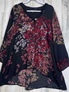 Citron Santa Monica Size XL Gorgeous Black Floral Hi-Low Silk Jacket Art-to-Wear